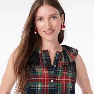 NWT J.Crew Sleeveless Ruffle-collar Top in Black Stewart Tartan - size XXS